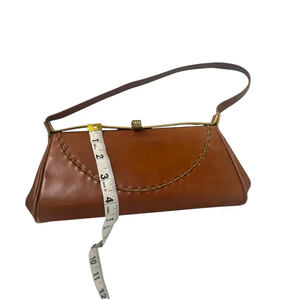 Vintage 1950s Brown Leather Frame Clutch Shoulder Bag Whipstitch